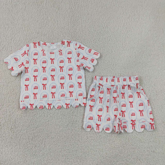 GSSO3552 Flag Bows Baby Girls 4th of July Scallop Clothes Set