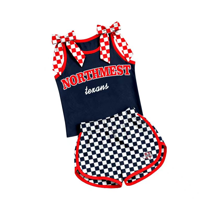 (Custom Design Preorder MOQ 5) Teams Northwest Texans Bows Vest Top Checkerd Shorts Mommy and Me Summer Yoga Clothes Set