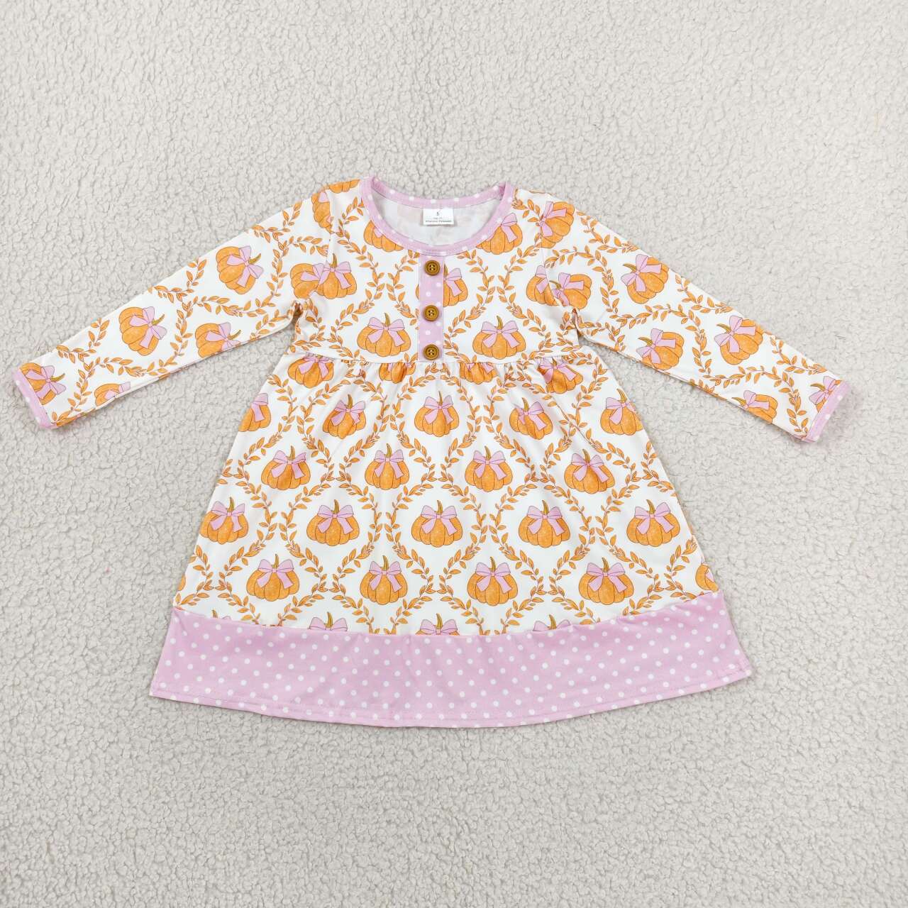 GLD1627 Pumpkin Bows Baby Girls Fall Long Sleeve Knee Length Dress