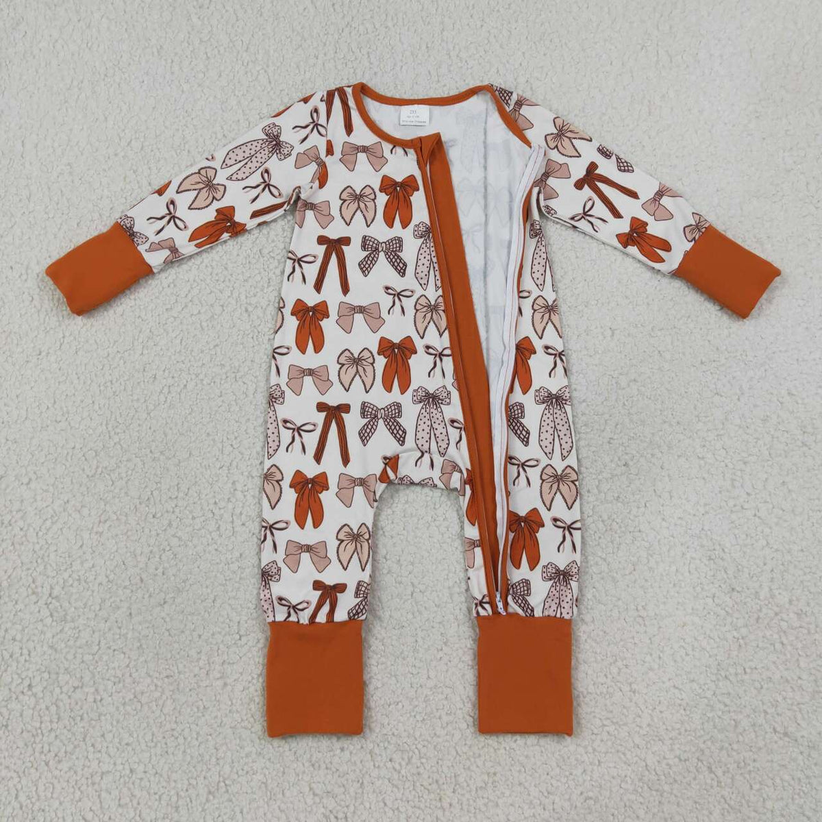 LR3158 Brown Bows Print Baby Girls Long Sleeve Zipper Sleeper Romper