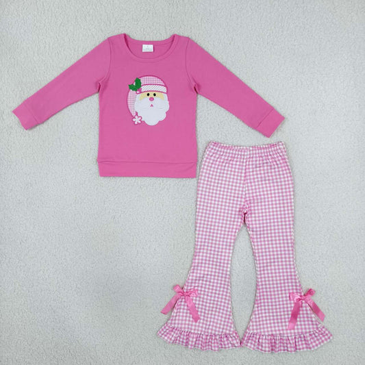 GLP3561 Santa Embroidery Hot Pink Top Checkered Bell Pants Girls Christmas Clothes Set