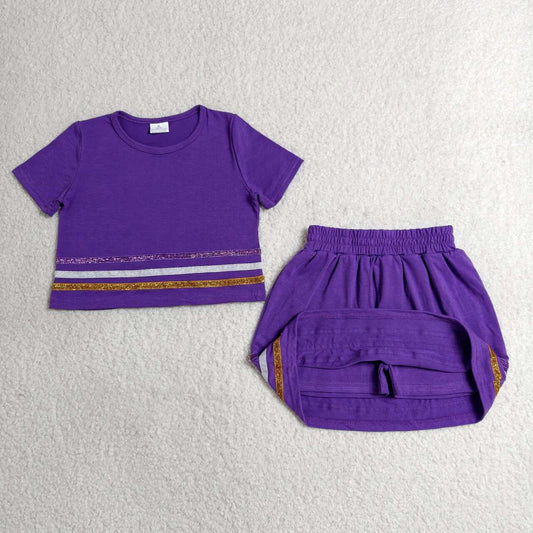 GSD3944 Sequin Stripe Purple Cotton Crop Top Skort Girls Summer Clothes Set