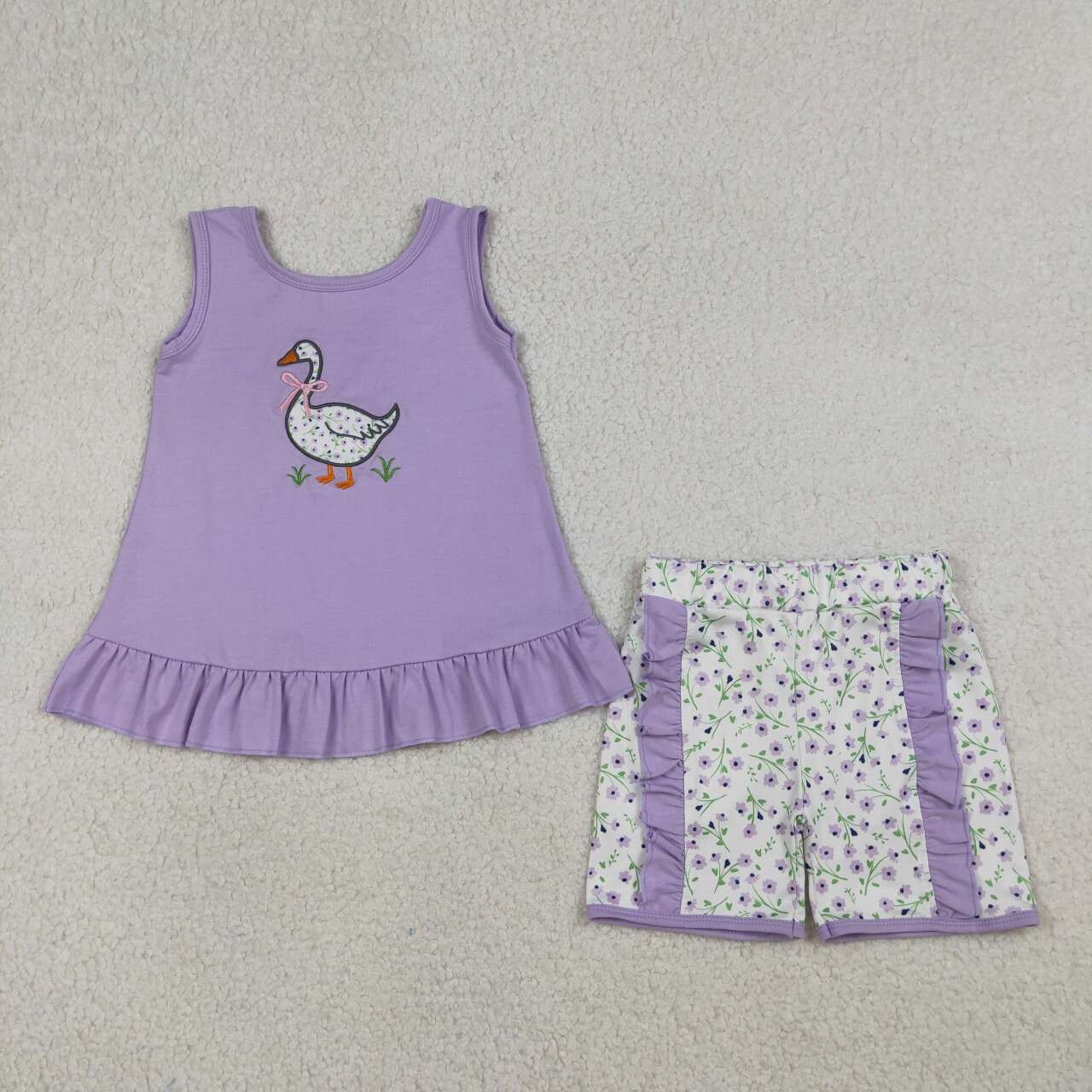 GSSO2774 Embroidery Floral Goose Baby Girls Lavender Tunic Ruffle Shorts Clothes Sets