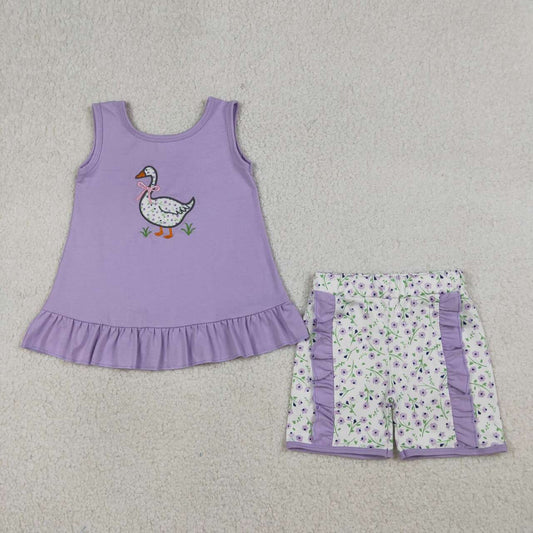 GSSO2774 Embroidery Floral Goose Baby Girls Lavender Tunic Ruffle Shorts Clothes Sets