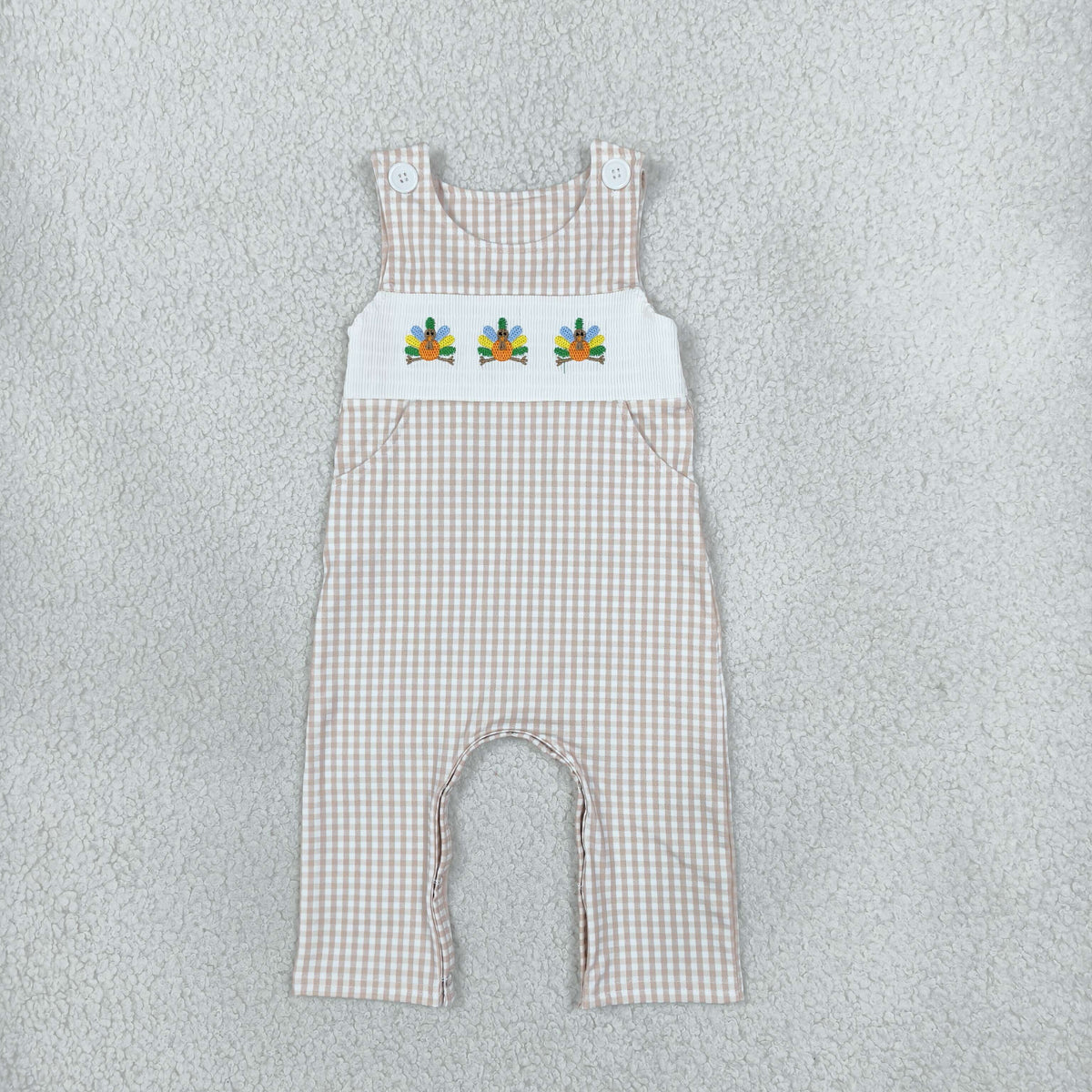 SR4277 Turkey Embroidery Plaid Print Baby Boys Thanksgiving Sleeveless Pockets Romper