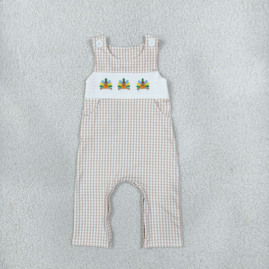 SR4277 Turkey Embroidery Plaid Print Baby Boys Thanksgiving Sleeveless Pockets Romper