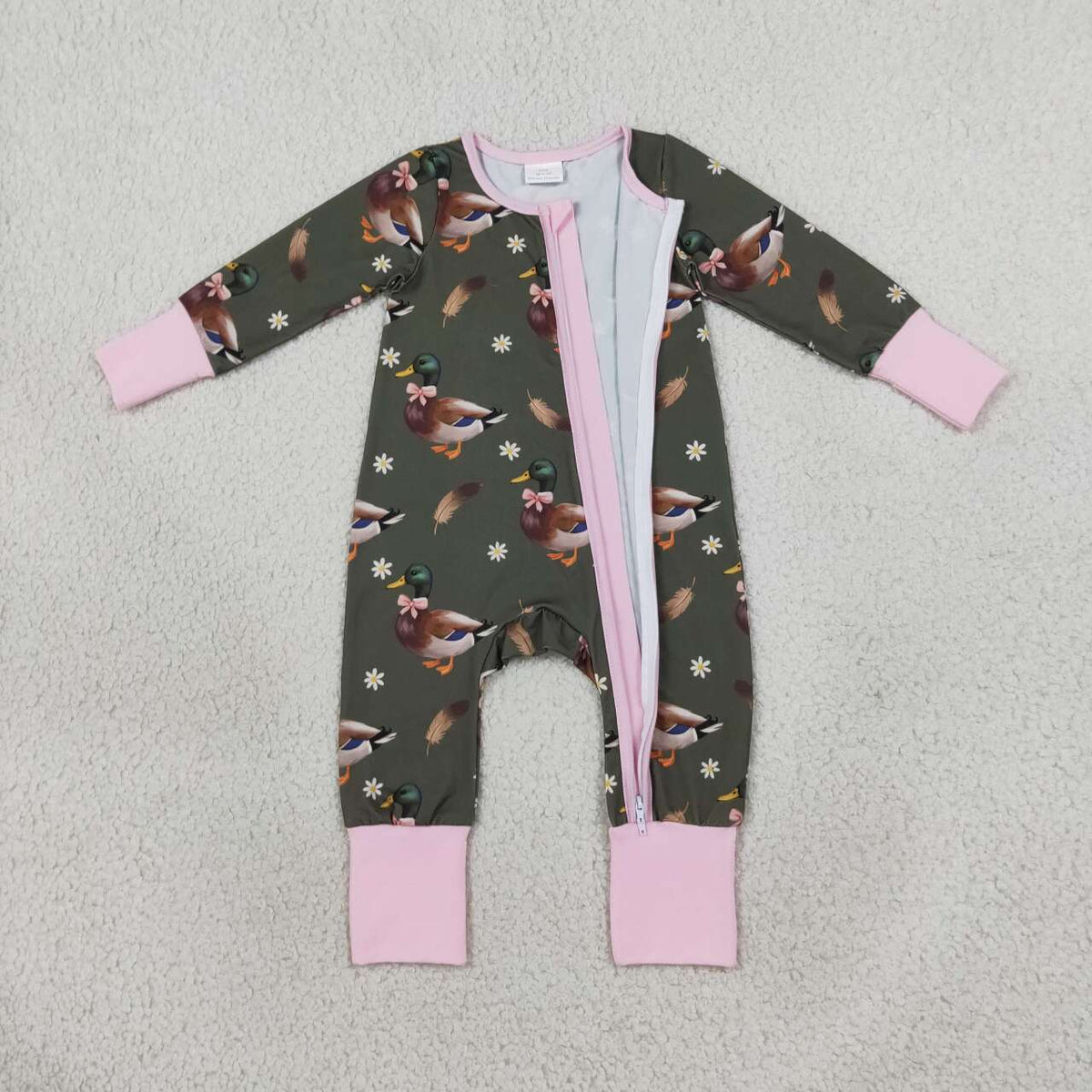 LR3225 Duck Flowers Baby Girls Long Sleeve Zipper Sleeper Romper
