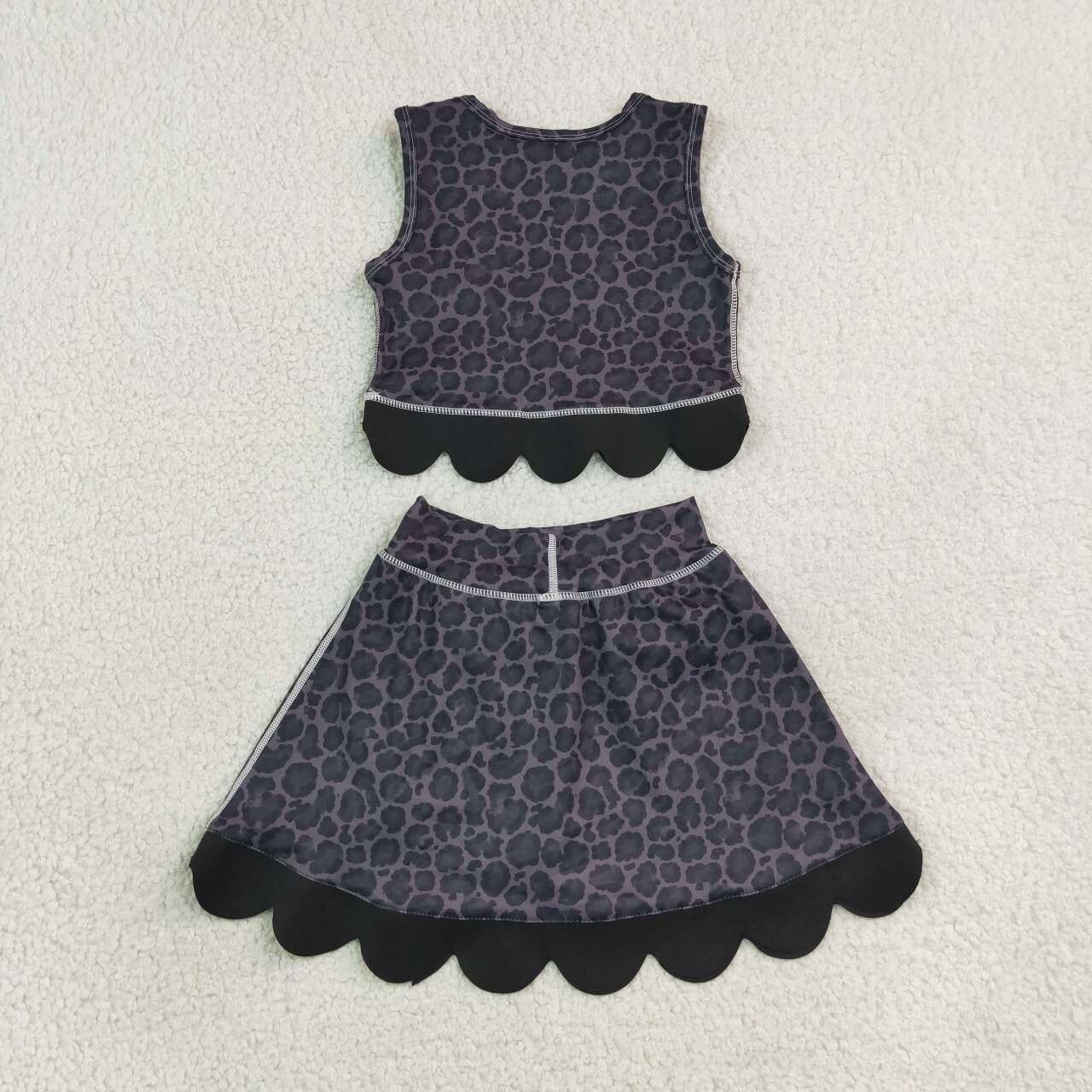 GSD4268  Black Leopard Bows Girls Summer Scallop Yoga Clothes Set