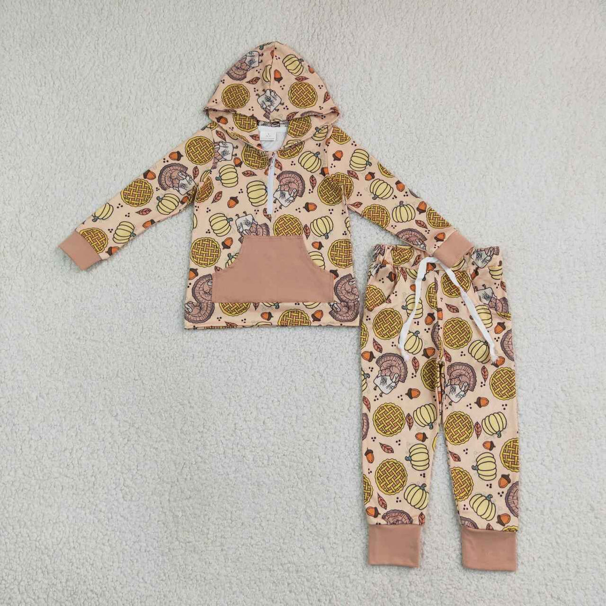 BLP1504 Turkey Pumpkin Pie Print Zipper Hoodie Top Pocket Pants Boys Thanksgiving Clothes Set