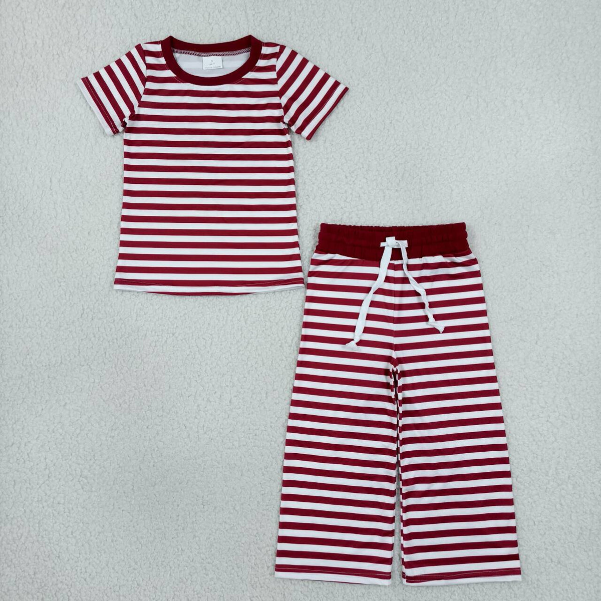 GSPO2384 Wine Red Stripes Print Short Sleeve Top Straight Pants Girls Clothes Set