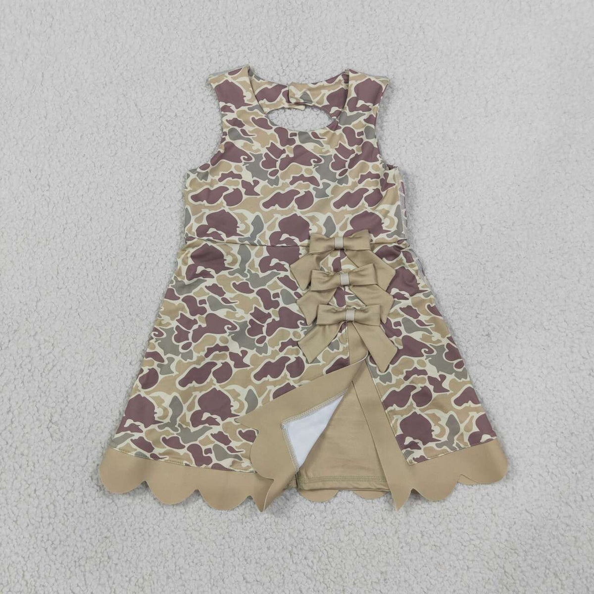 Green Camo Girls Sleeveless Scallop Bows Yoga Dress
