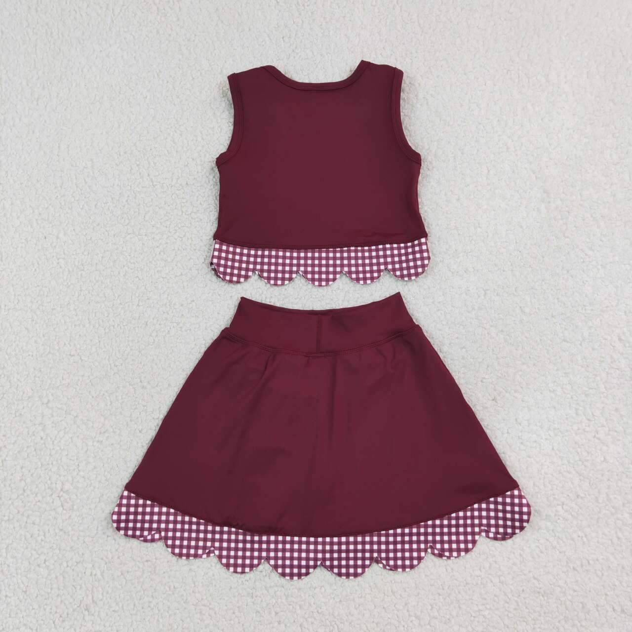 GSD4266 Burgundy Checkered Bows Girls Summer Scallop Yoga Clothes Set