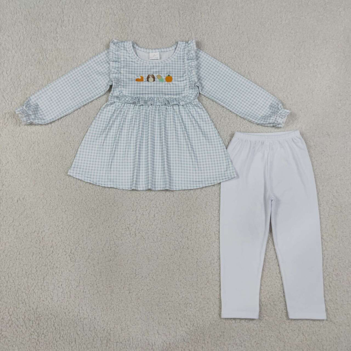 GLP3409 Turkey Pumpkin Embroidery Checkered Tunic Top White Legging Pants Girls Thanksgiving Clothes Set