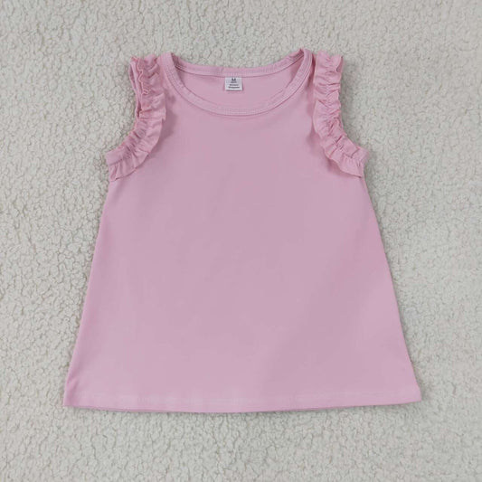 GT1701 Pink Cotton Girls Sleeveless Ruffle Tee Shirts Top