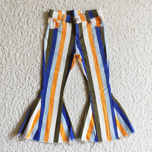 Blue Orange White Stripes Denim Bell Bottom Jeans Girls Pants P0029