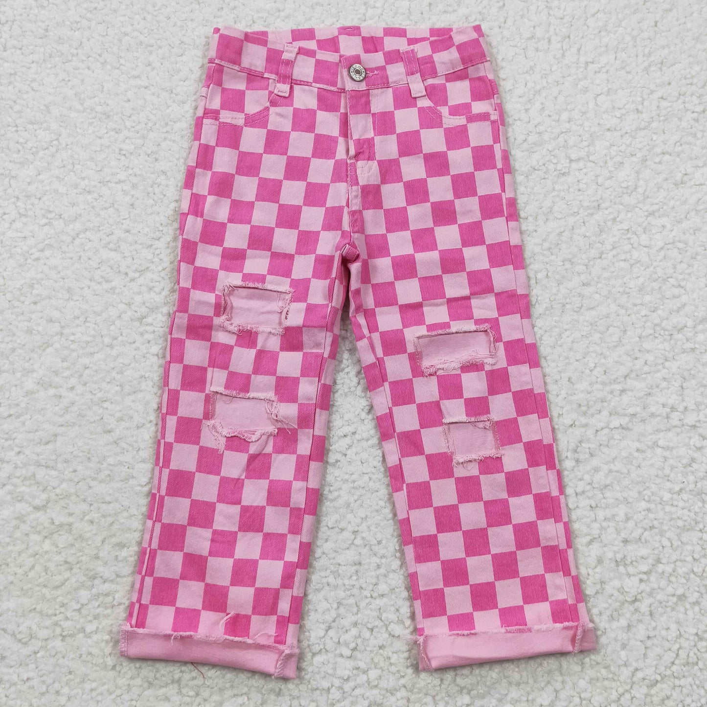 P0096 Pink Plaid Denim Hole Bottoms Jeans Kids Pants