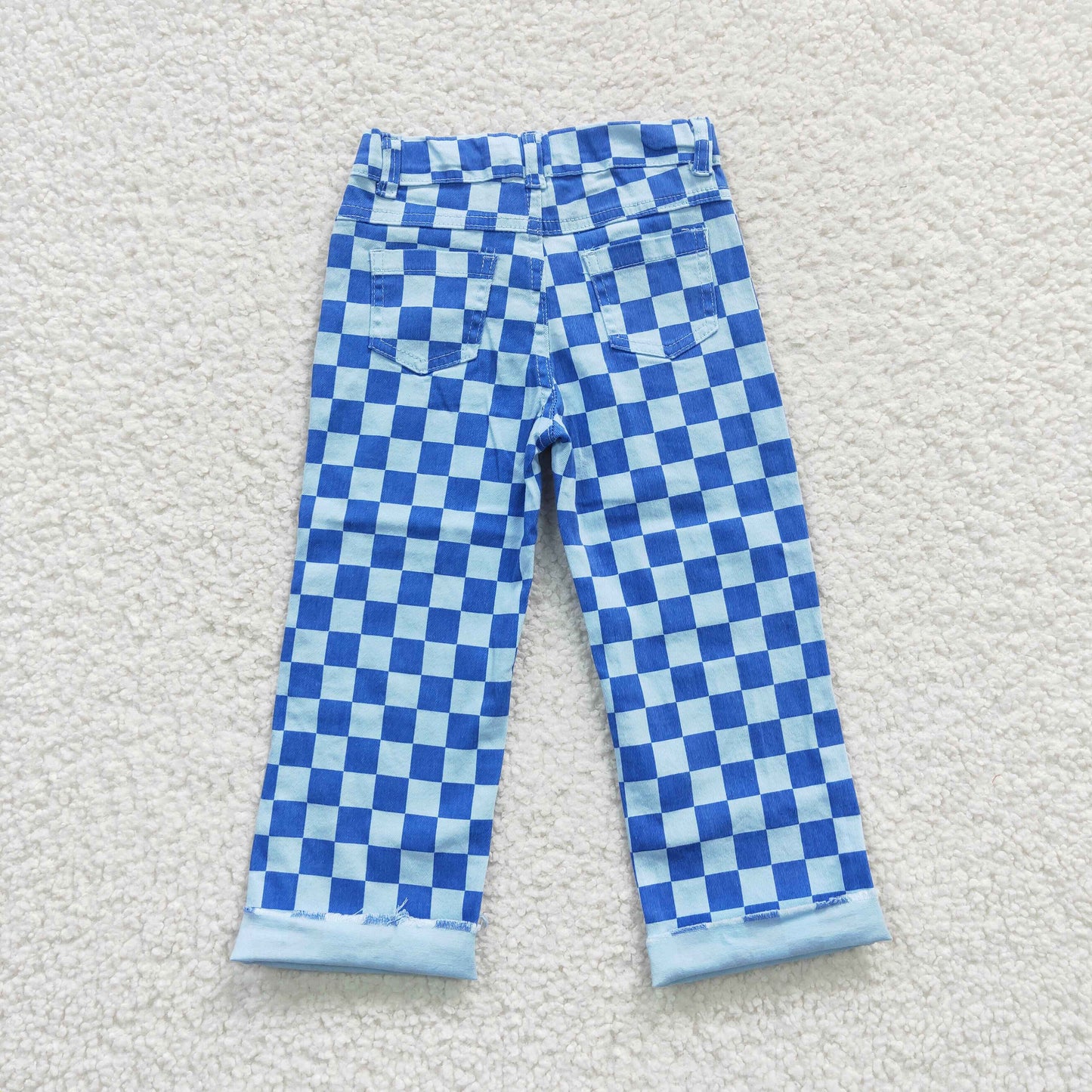 P0097 Blue Plaid Denim Hole Bottoms Jeans Kids Pants