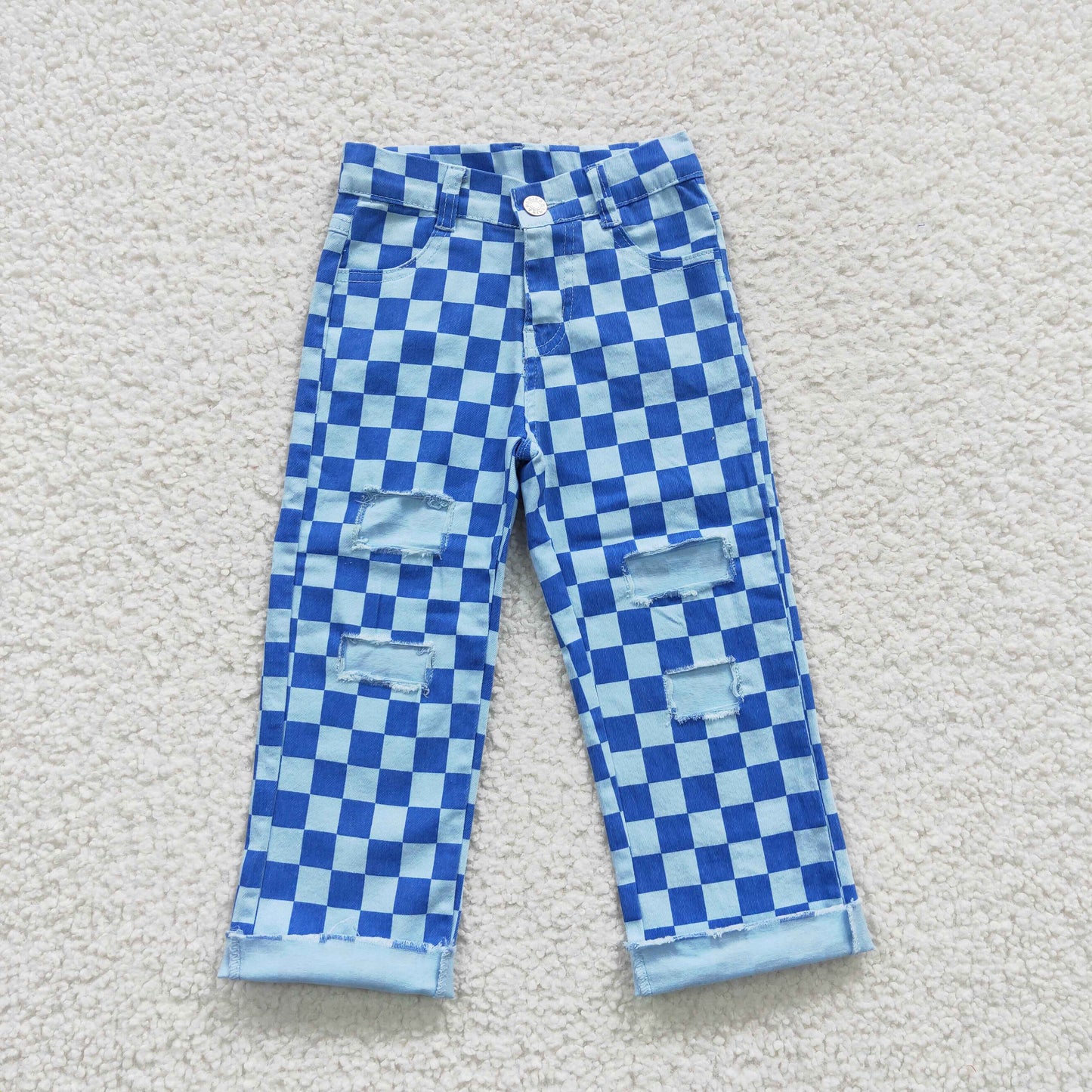 P0097 Blue Plaid Denim Hole Bottoms Jeans Kids Pants