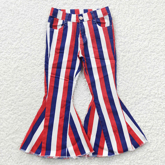 P0105 Patriotic Red & Blue Striped Denim Pants - Girls