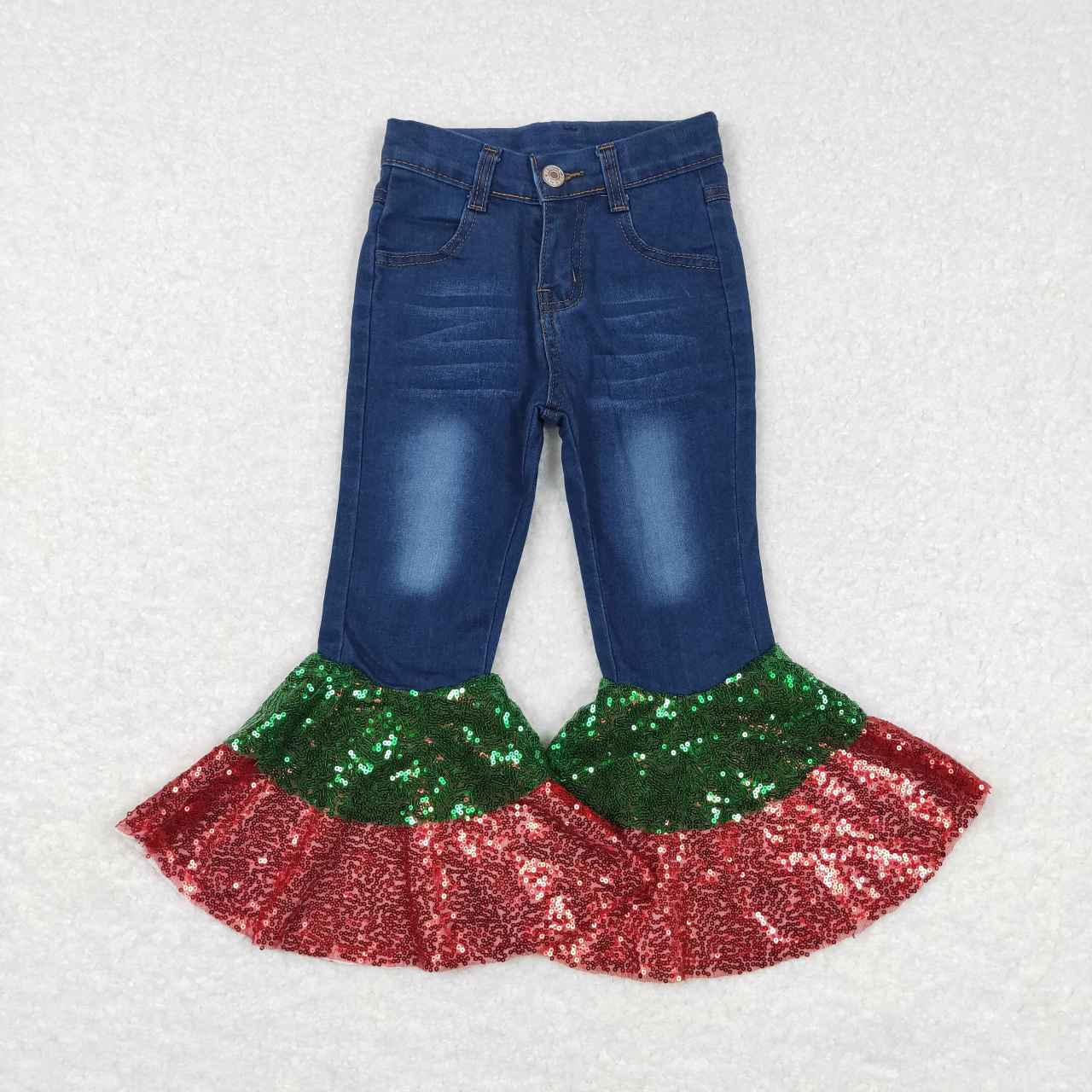 P0113  Blue Bleached Denim Sequin Bell Bottom Jeans Girls Christmas Pants