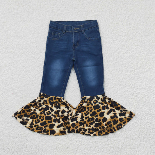 P0116  Blue Bleached Denim Leopard Bell Bottom Jeans Girls Pants