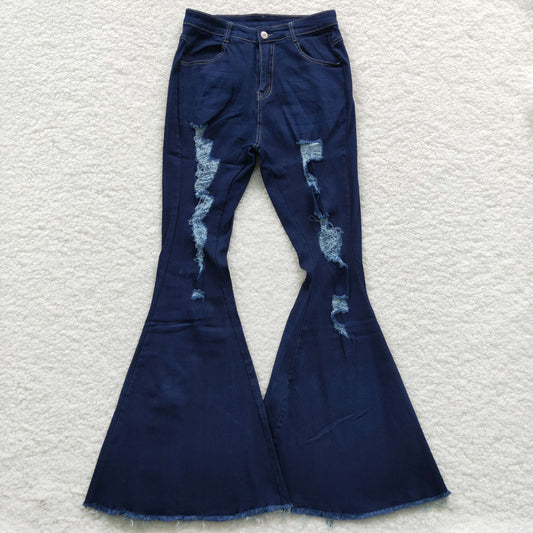 Adult Blue Distressed Denim Bell Bottom Jeans Woman Pants   P0118