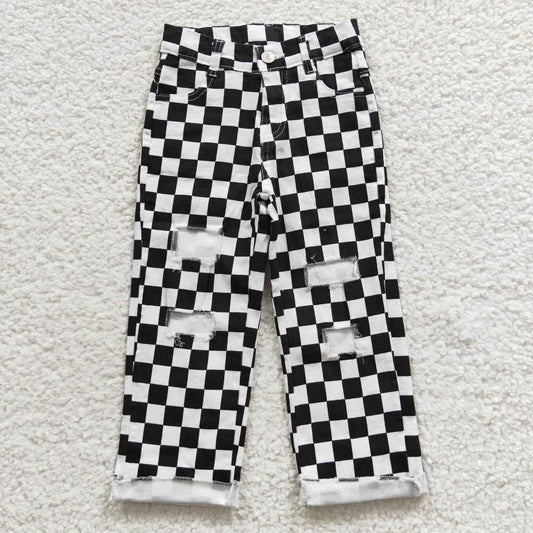 P0122 Black Plaid Denim Hole Jeans Boys Bottom Pants