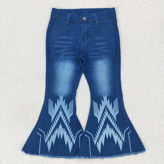 P0126  Aztec Blue Bleached Denim Bell Bottom Jeans Girls Western Pants