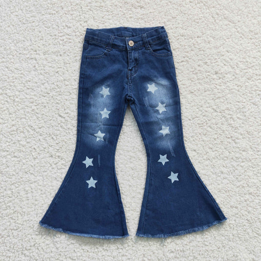 P0127  Stars Blue Bleached Denim Bell Bottom Jeans Girls Pants