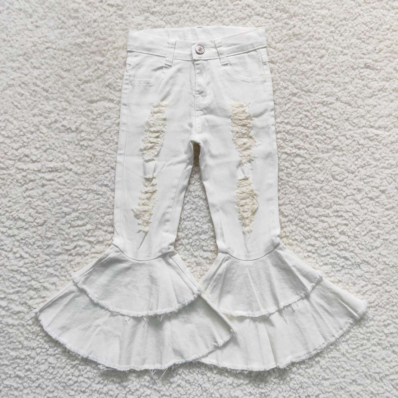 P0129  White Hole Denim Bell Bottom Jeans Girls Pants