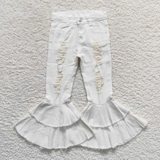 P0129  White Distressed Denim Bell Bottom Jeans Girls Pants