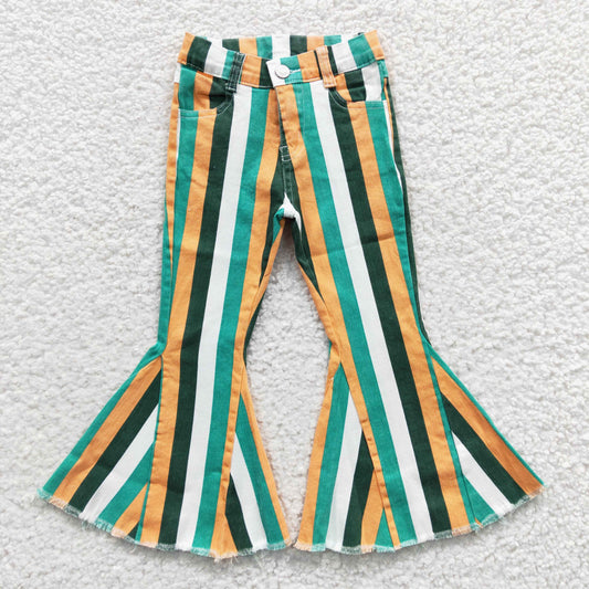 P0131  Green Gold White Stripes Denim Bell Bottom Jeans Girls Pants