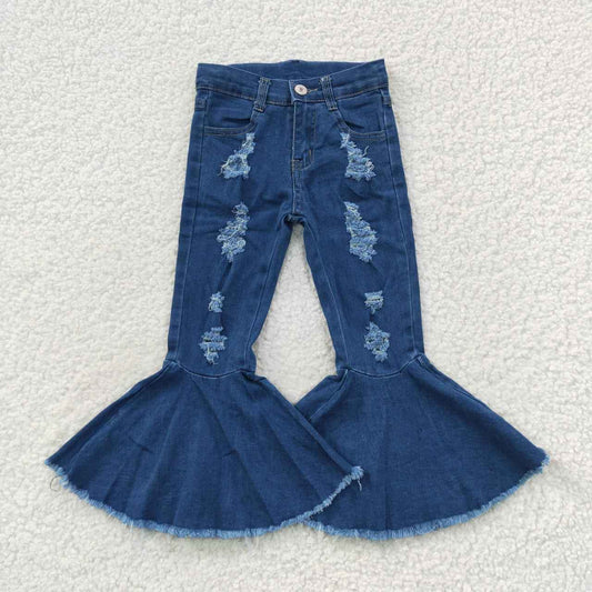 P0133 Blue Distressed Denim Bell Bottom Jeans Girls Pants