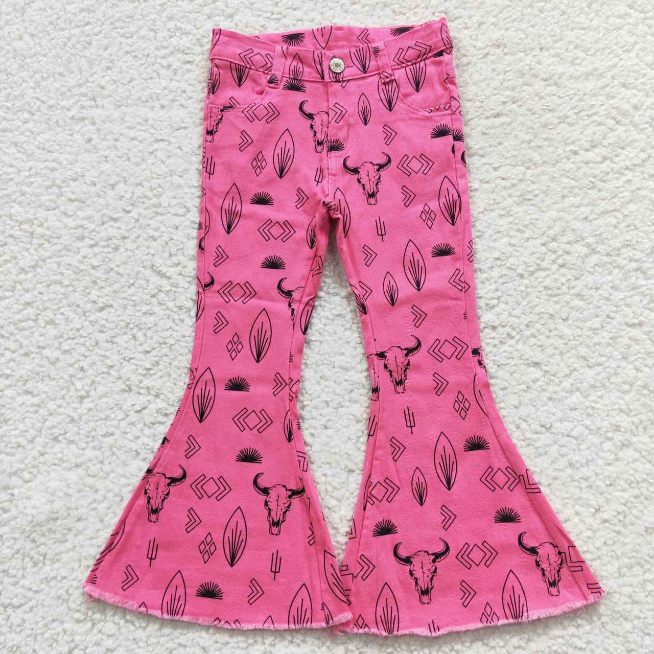 Girls Hot Pink Highland Cow Cactus Print Flare Jeans, Western Bell Bottoms for Kids