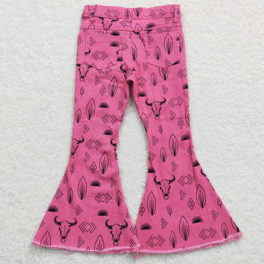 Girls Hot Pink Highland Cow Cactus Print Flare Jeans, Western Bell Bottoms for Kids