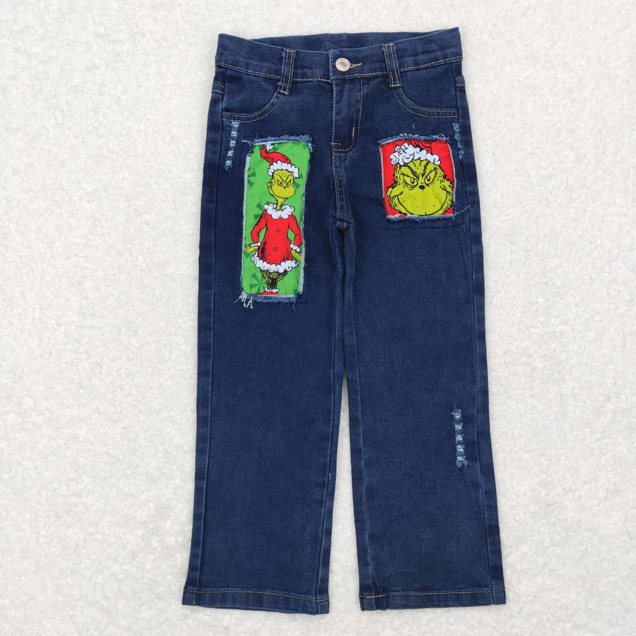 P0207 Green Frog Hole Denim Straight Bottoms Jeans Kids Christmas Pants
