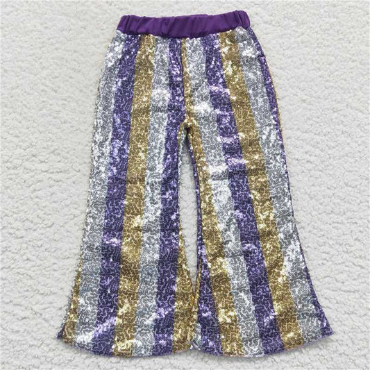 P0276 Gold Purple Stripes Baby Girls Sequins Mardi Gras Pants