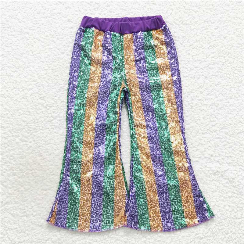 P0277 Gold Green Purple Stripes Baby Girls Sequins Mardi Gras Pants