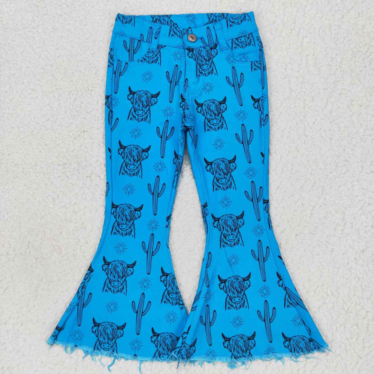 Girls Blue Highland Cow Cactus Print Flare Jeans, Western Bell Bottoms for Kids