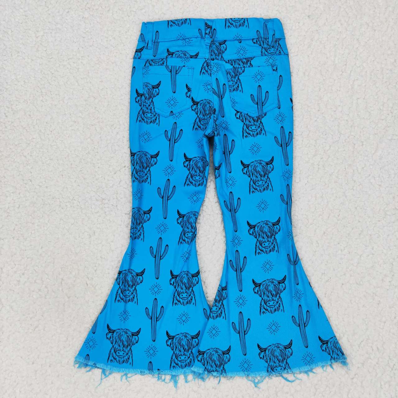 Girls Blue Highland Cow Cactus Print Flare Jeans, Western Bell Bottoms for Kids