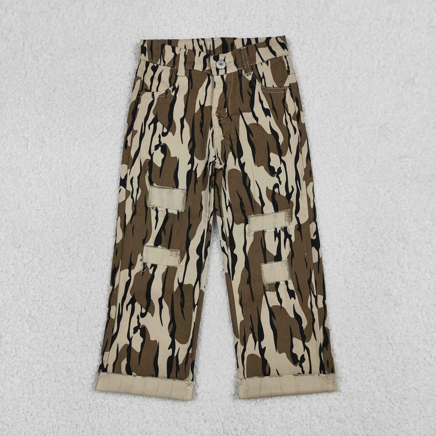 Toddler Boys Camo Distressed Jeans, Kids Vintage Camouflage Patchwork Straight Leg Pants