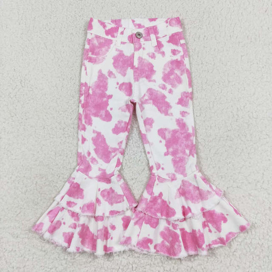 Cow hide pink print denim bell bottom jeans girls western pants P0406