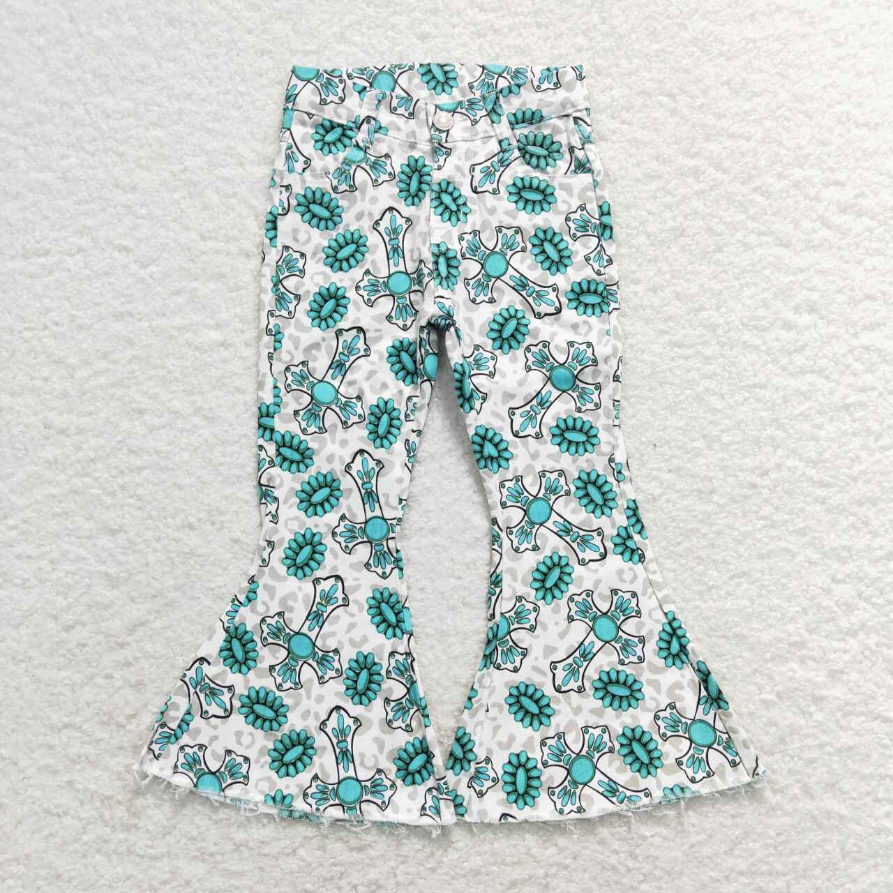 Boho Western Cowgirl Bell Bottoms, Turquoise Cross Leopard Print Flare Jeans for Girls