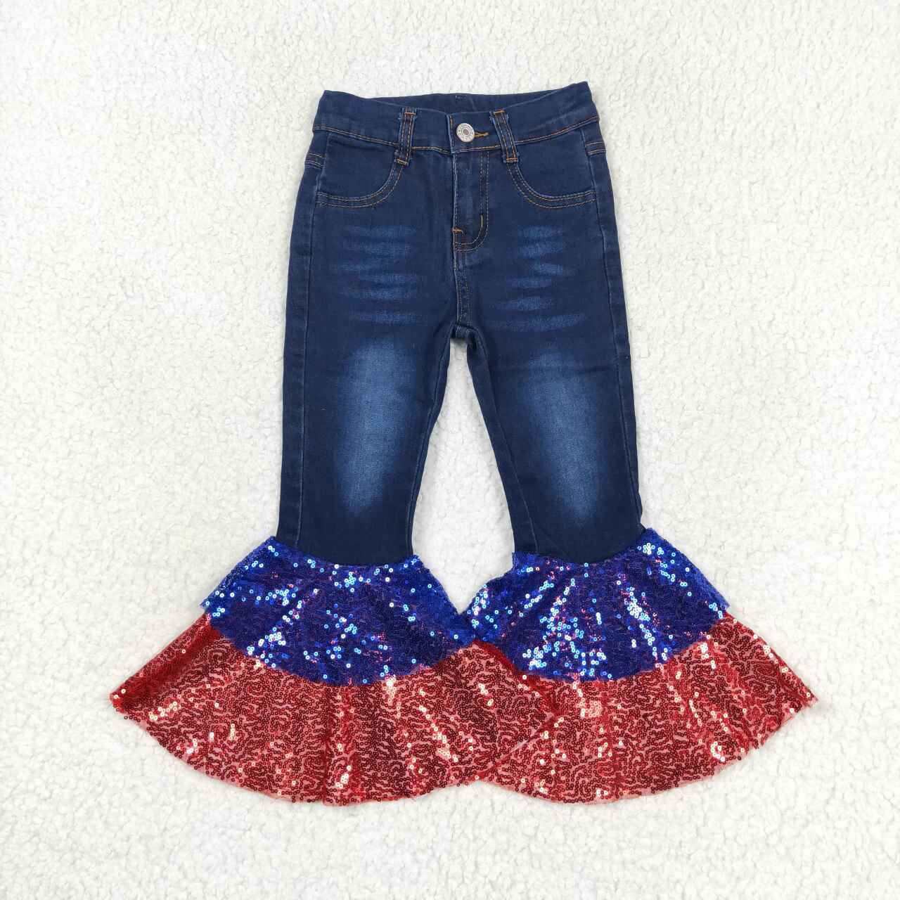 P0430 Patriotic Red Blue Sequins Blue Denim Bell Bottom Jeans Girls Pants