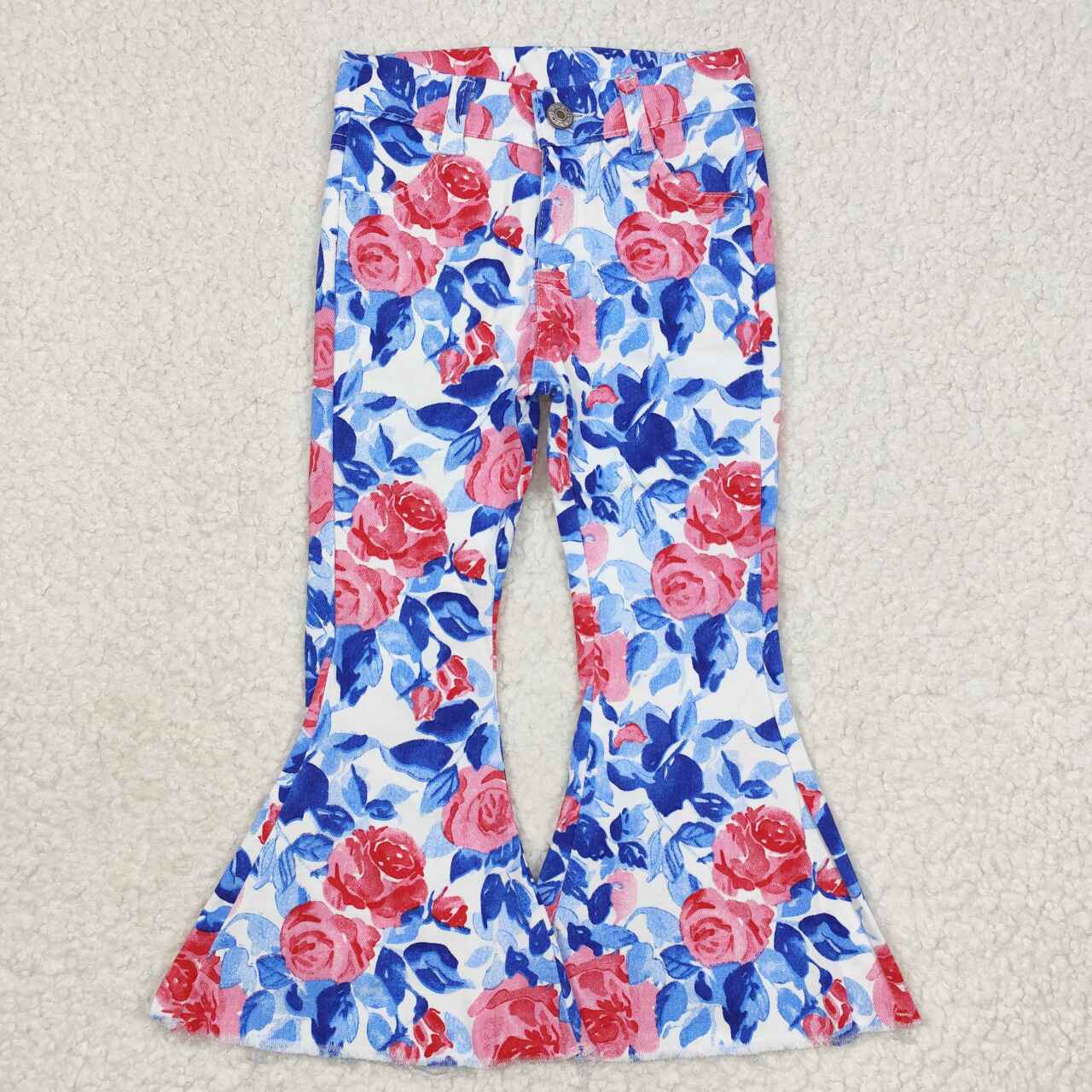 P0466 Patriotic Red Blue Flowers Denim Bell Bottom Jeans Girls Pants