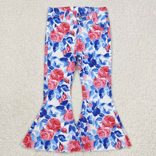P0466 Patriotic Red Blue Flowers Denim Bell Bottom Jeans Girls Pants