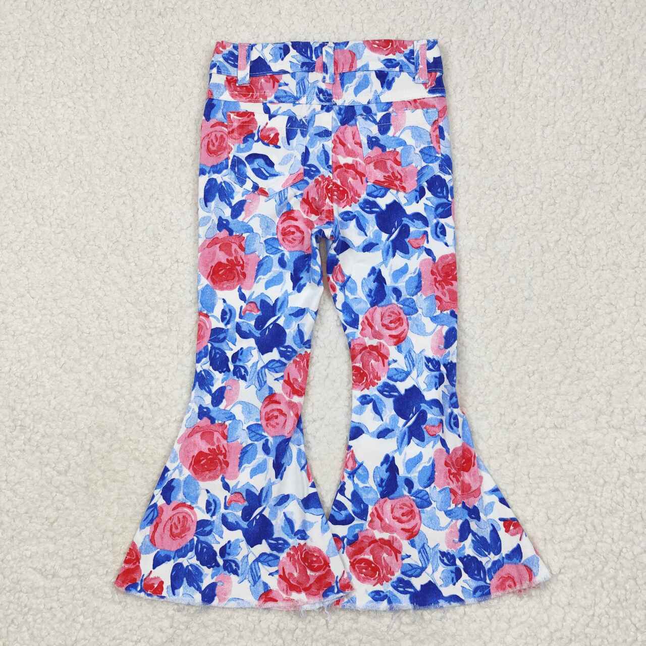 P0466 Patriotic Red Blue Flowers Denim Bell Bottom Jeans Girls Pants