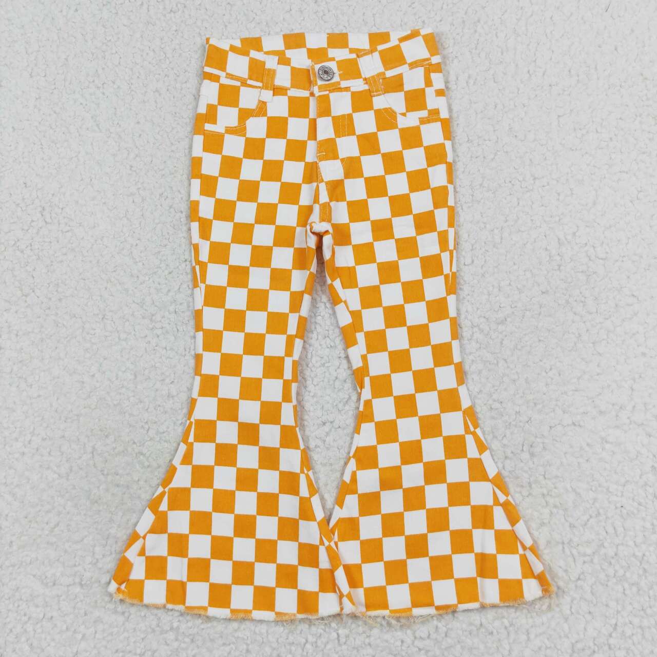 P0468 Toddler Girls Orange Plaid Denim Bell Bottoms Jeans for Kids