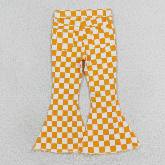P0468 Toddler Girls Orange Plaid Denim Bell Bottoms Jeans for Kids