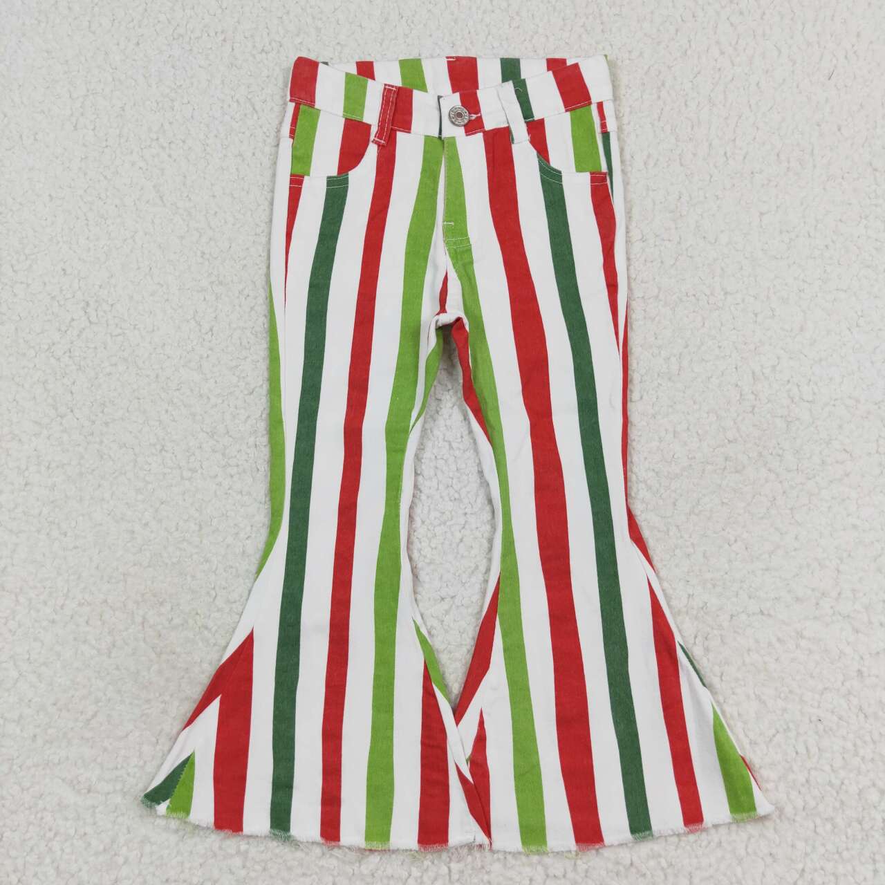 P0484  Red Green Stripes Denim Bell Bottoms Jeans Girls Christmas Pants